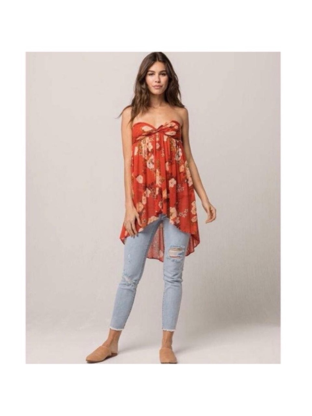 Free People Strapless Floral Hi-Low Tunic Tube Top Sz Medium